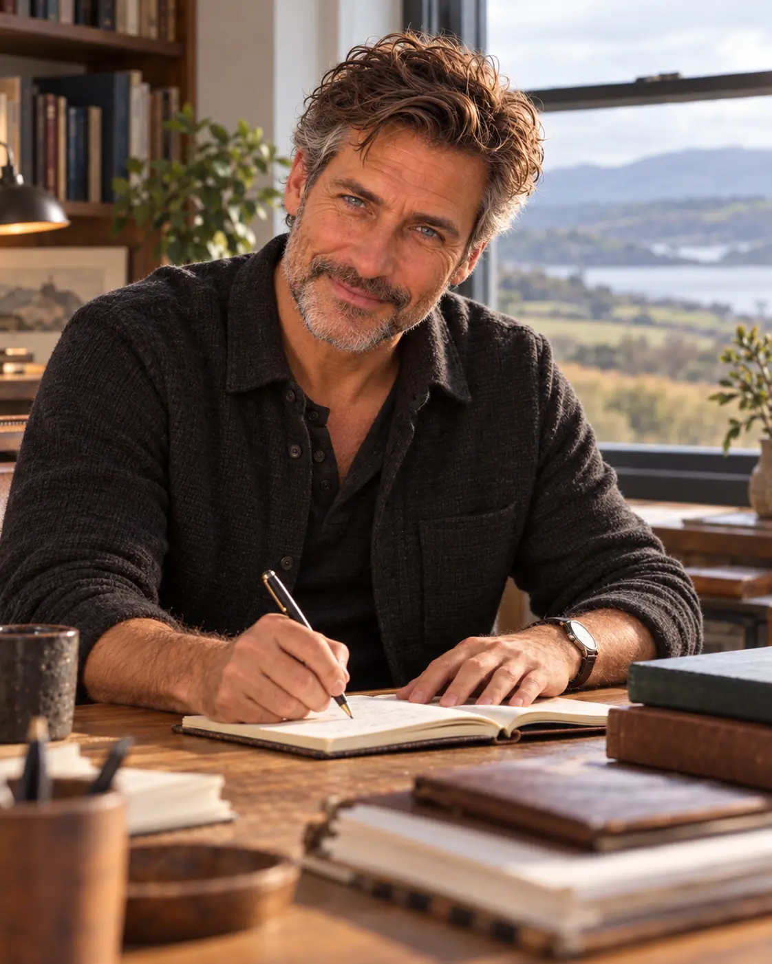 AI-rendered editorial portrait of Daniel Rowan writing in a notebook at his desk