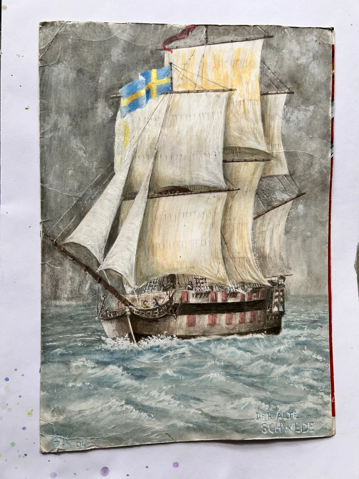 Aquarell eines schwedischen Segelschiffs in unruhigem Wasser unter gelbgrauem Himmel